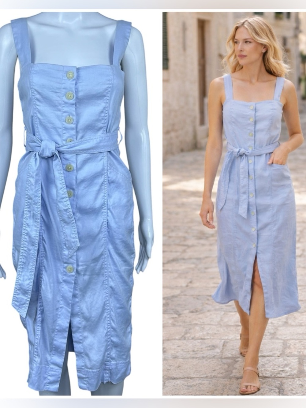 Aritzia Babaton Kofi Linen Blend Midi Dress Size 2 Pockets Belted Button Front